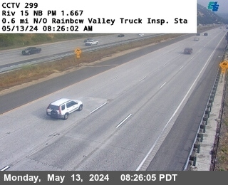 Timelapse image near I-15 : (299) 0.6 mi N/O Rainbow Valley Truck Insp. Sta, Temecula 0 minutes ago